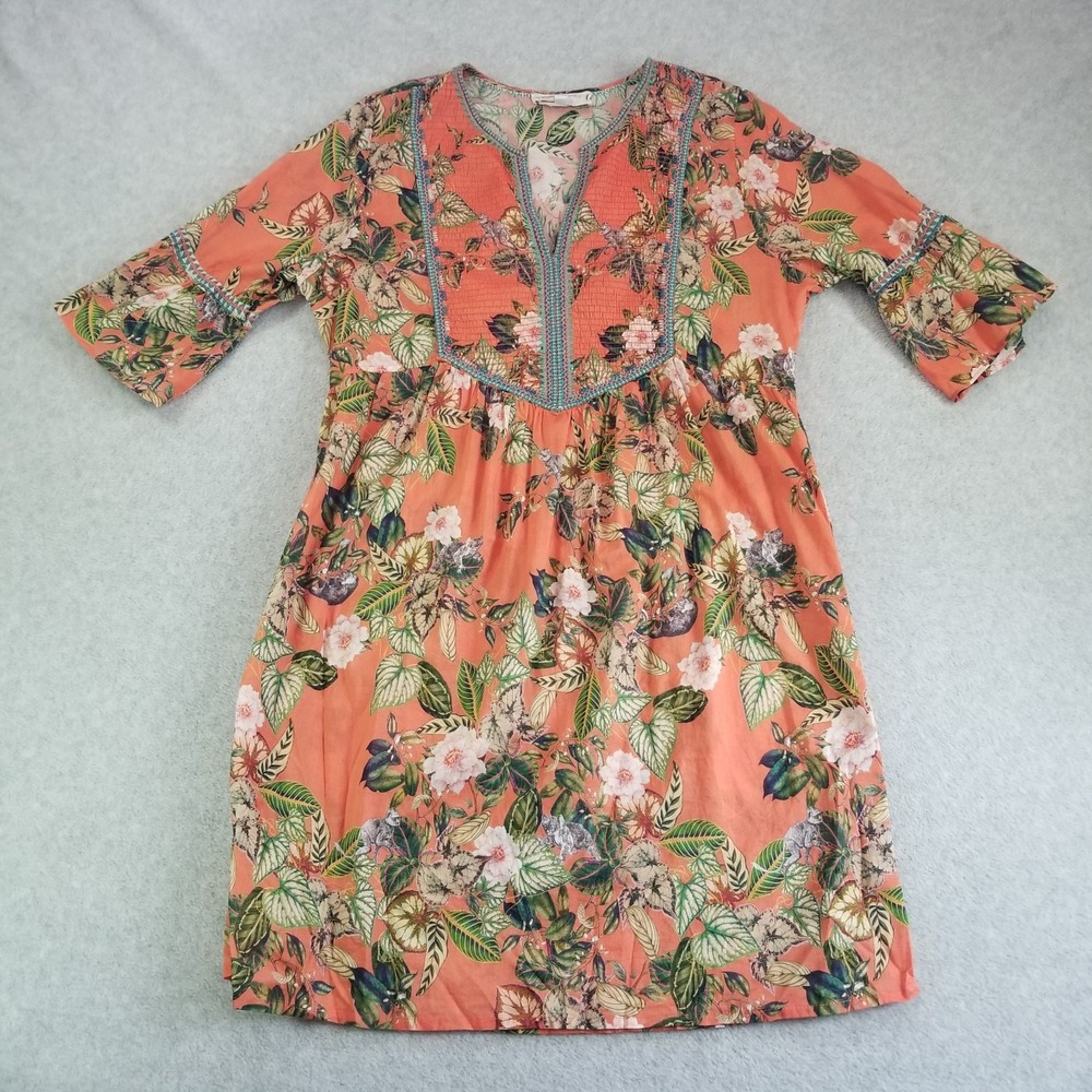 Johnny Was Workshop Dress Womens Medium Coral Floral Boho Embroidered Tunic Mini